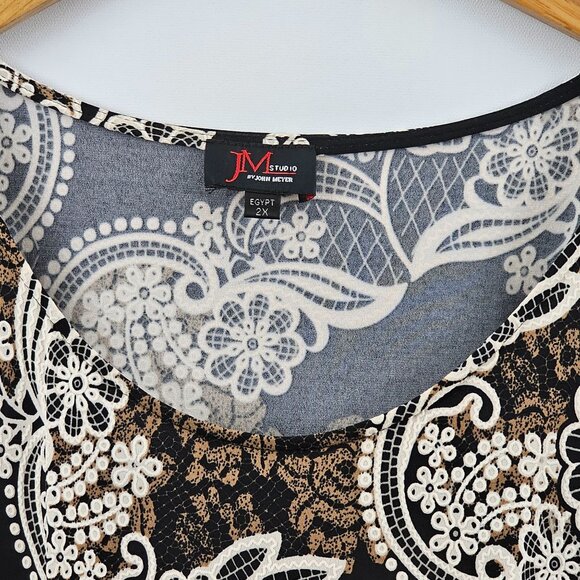 JM Studio Sheath Dress 2X Black Cream Floral Neutral Fall Lightweight Stretch - Picture 3 of 9